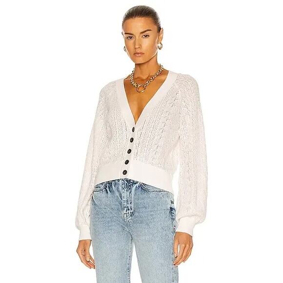 Frame Cardigan Sweater Chain Lace Women's Size S White Pointelle Knit V-Neck - Picture 1 of 10